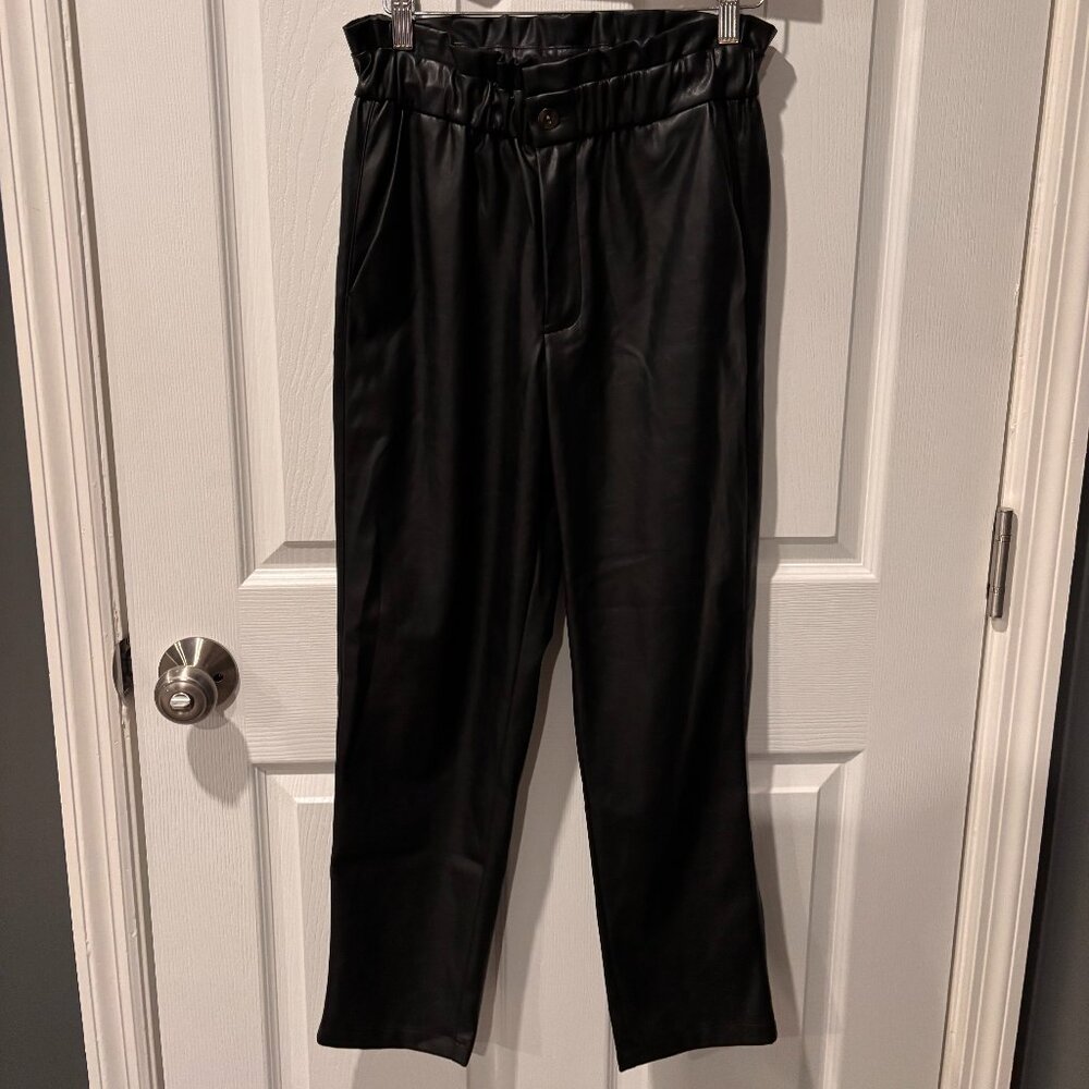 545 Paper Bag Black Faux Leather Elastic Waist Pants